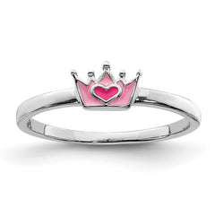 Sterling Silver Rhodium-plated Polished Pink Enamel Crown Children's Ring