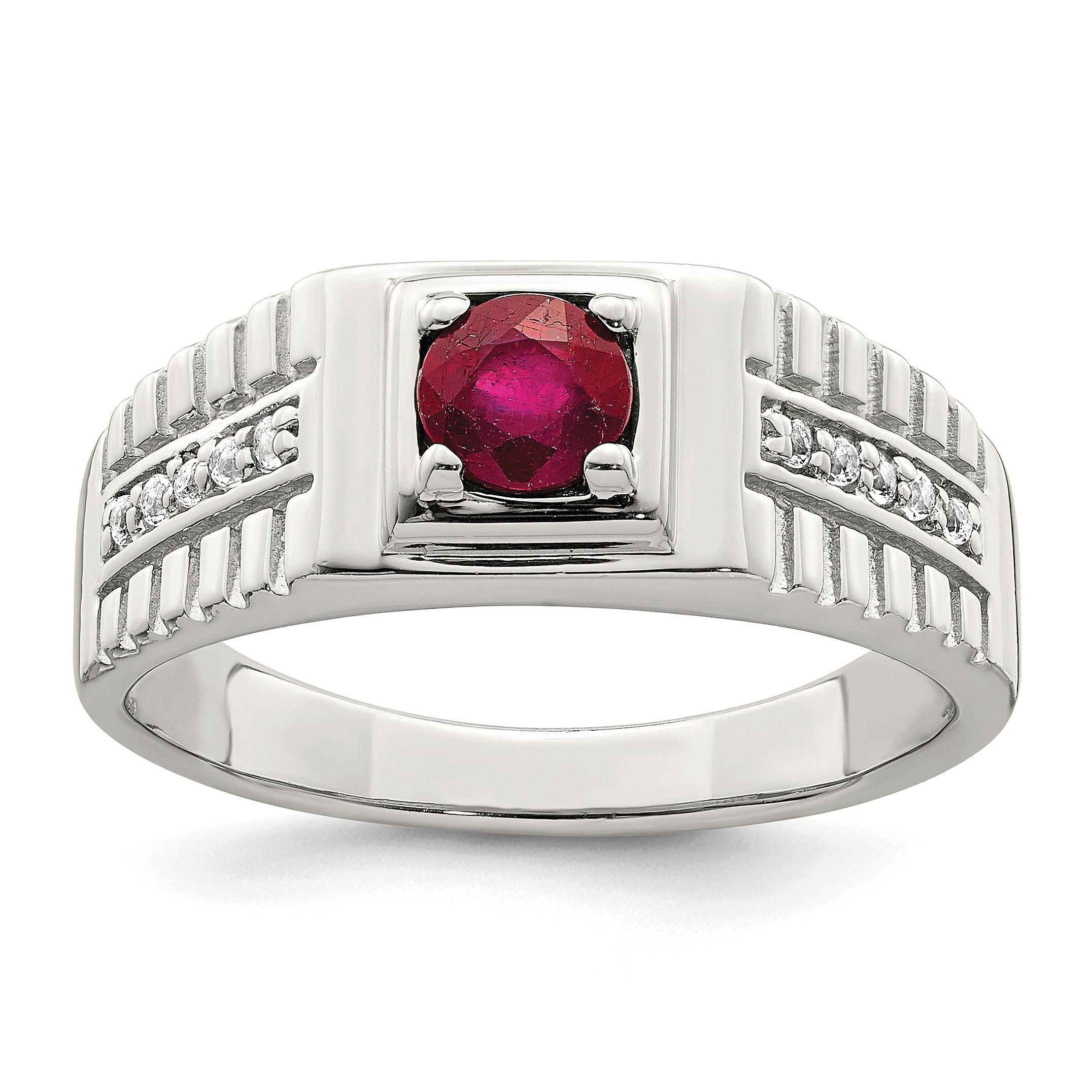 Sterling Silver Rhod-plated Men's African Ruby and White Topaz Ring