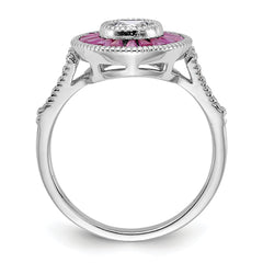 Sterling Silver Rhodium-plated Polished Created Ruby and CZ Ring