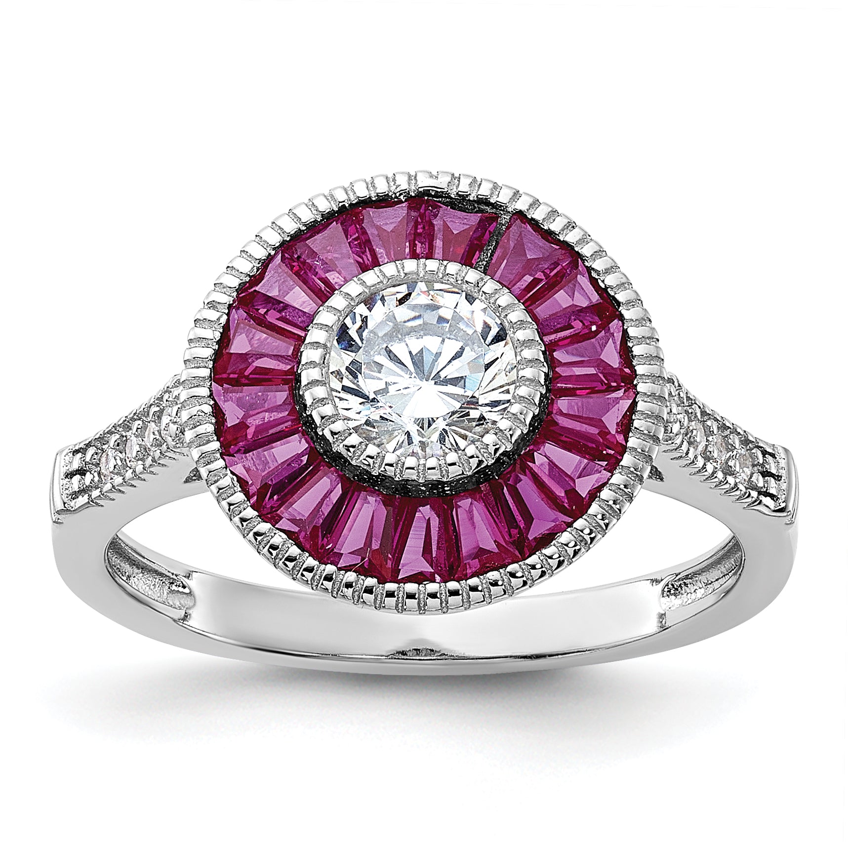 Sterling Silver Rhodium-plated Polished Created Ruby and CZ Ring