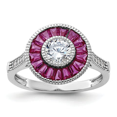 Sterling Silver Rhodium-plated Polished Created Ruby and CZ Ring