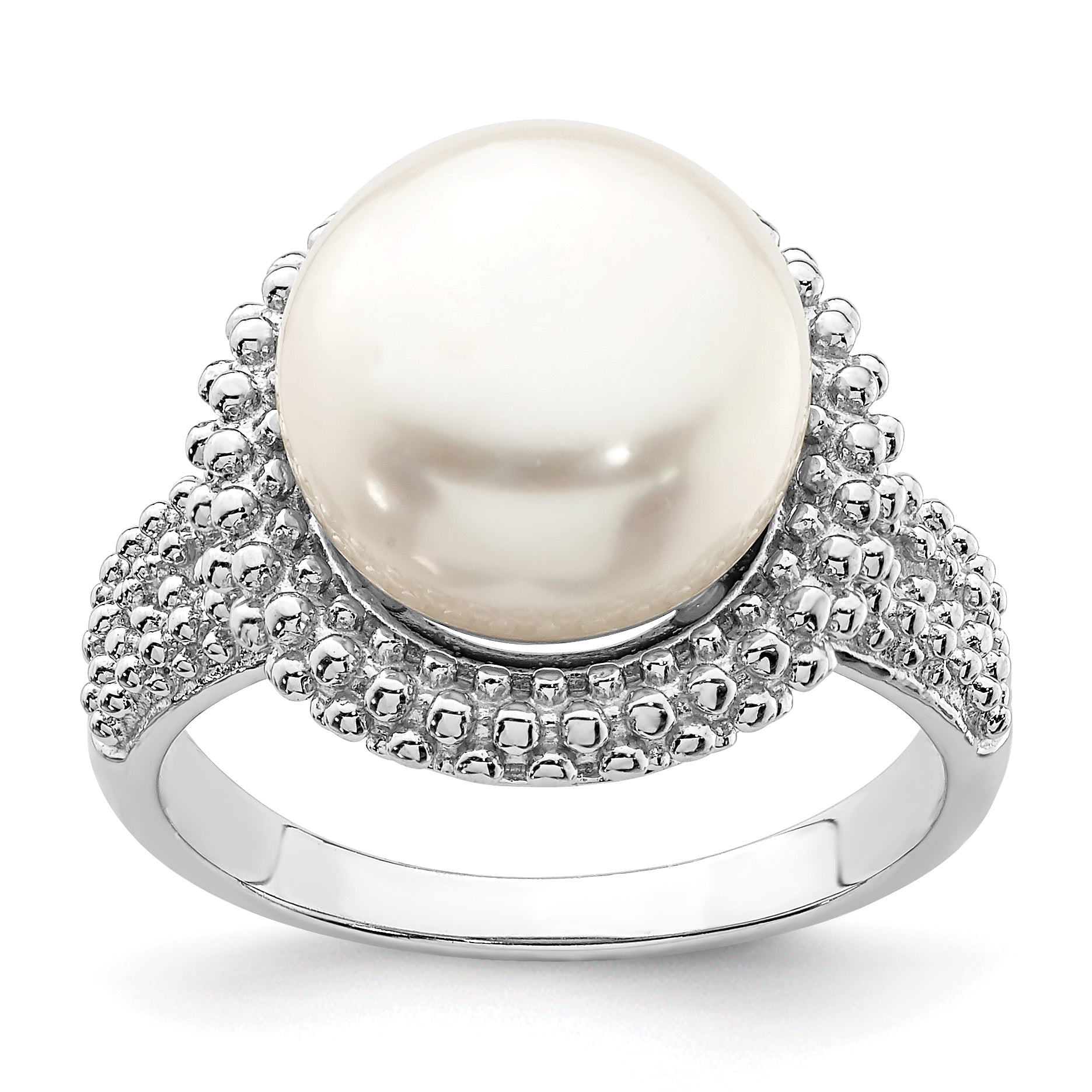 Sterling Silver Rhod-plat 11-12mm White FWC Pearl Ring