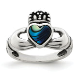 Sterling Silver Antiqued Abalone Inlay and Black Enamel Claddagh Ring