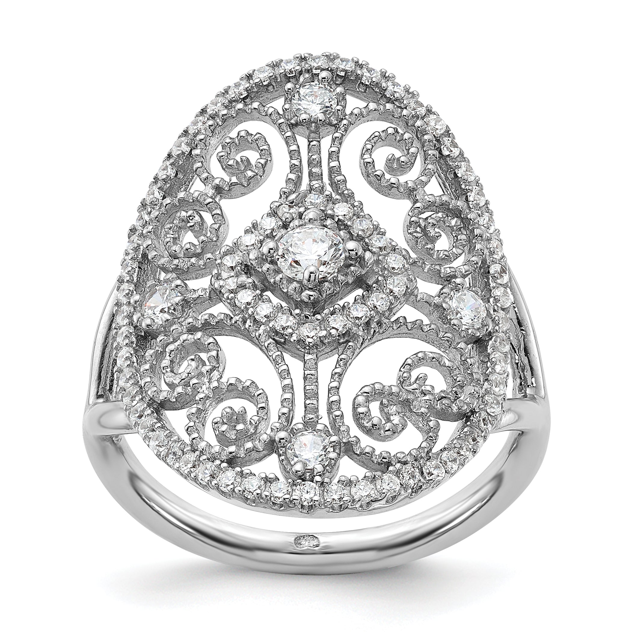 Sterling Silver Rhodium-plated CZ Filigree Oval Ring