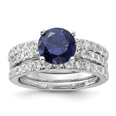 Sterling Silver Rhodium-plated 8mm Blue CZ Engagement Ring and White CZ Wedding Band Set