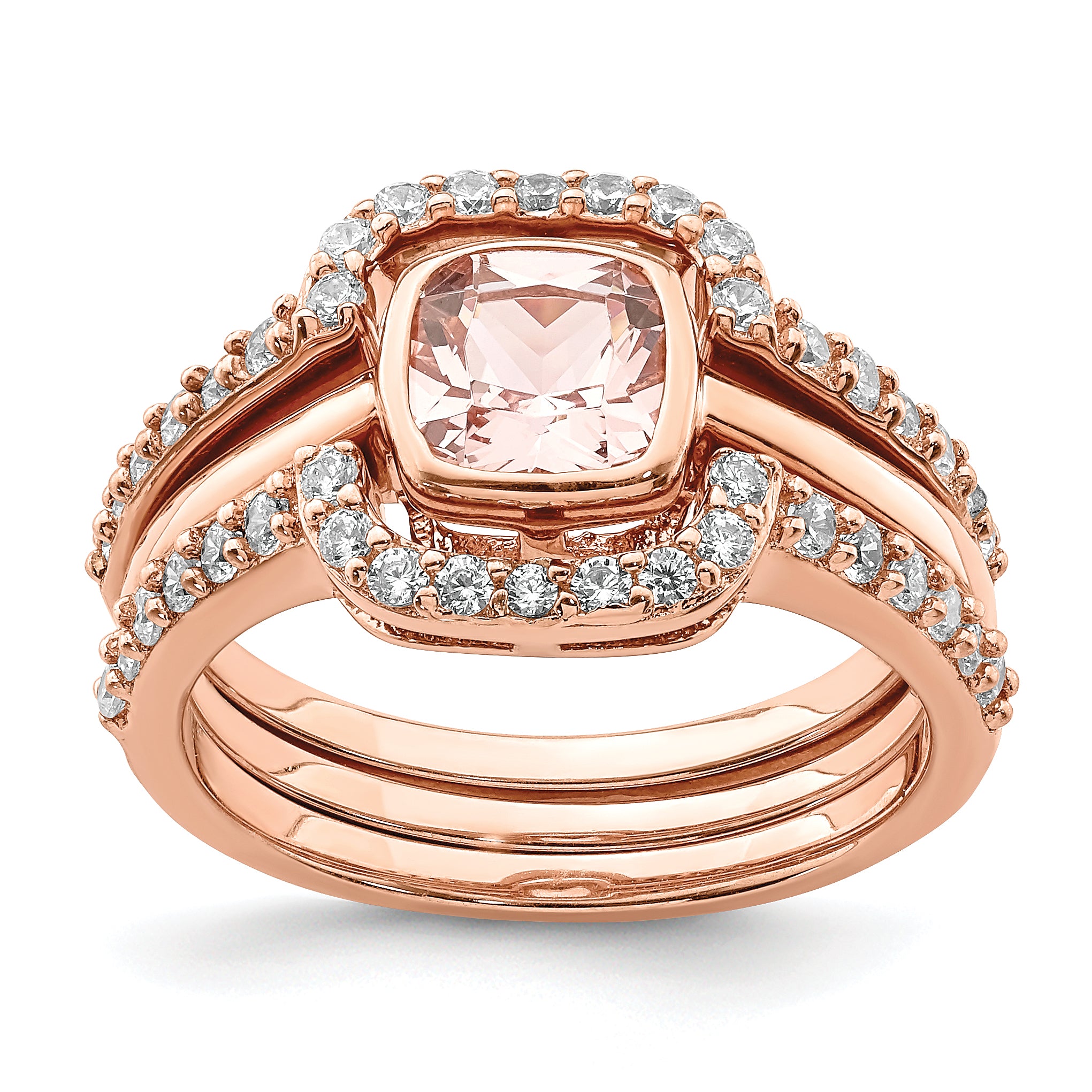 Sterling Silver 3 Piece Rose-tone Pink Crystal & CZ Ring Set
