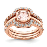 Sterling Silver 3 Piece Rose-tone Pink Crystal & CZ Ring Set