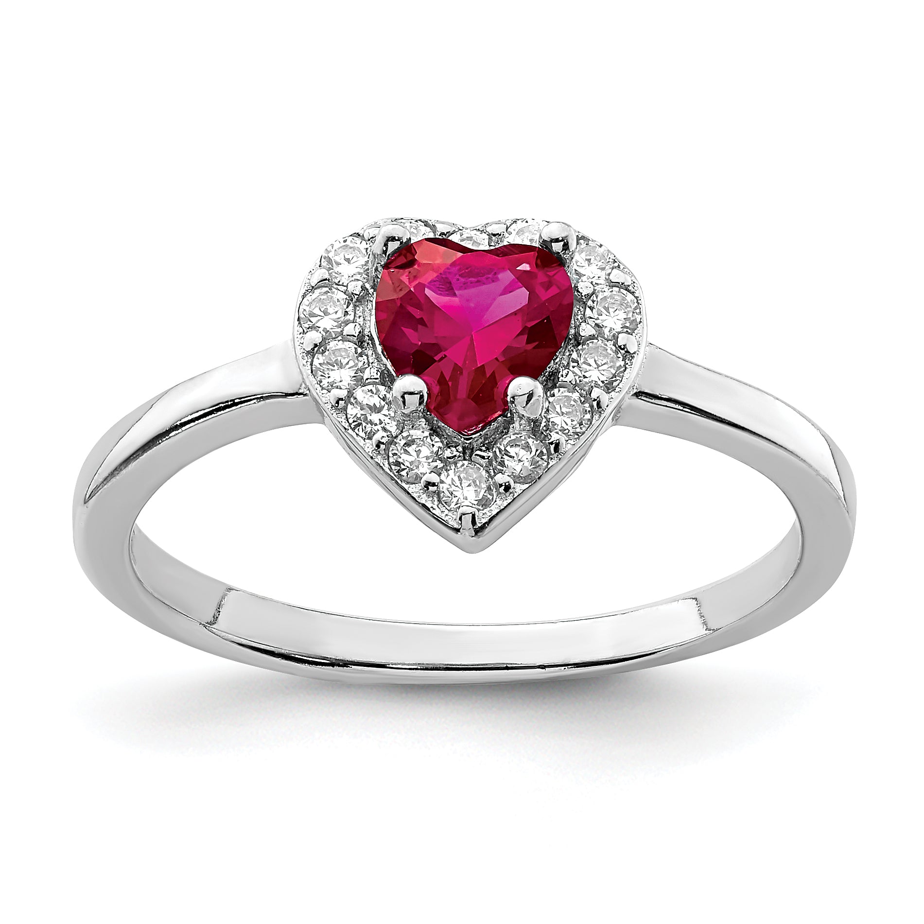 Sterling Silver Rhodium-plated Created Corundum & CZ Heart Ring