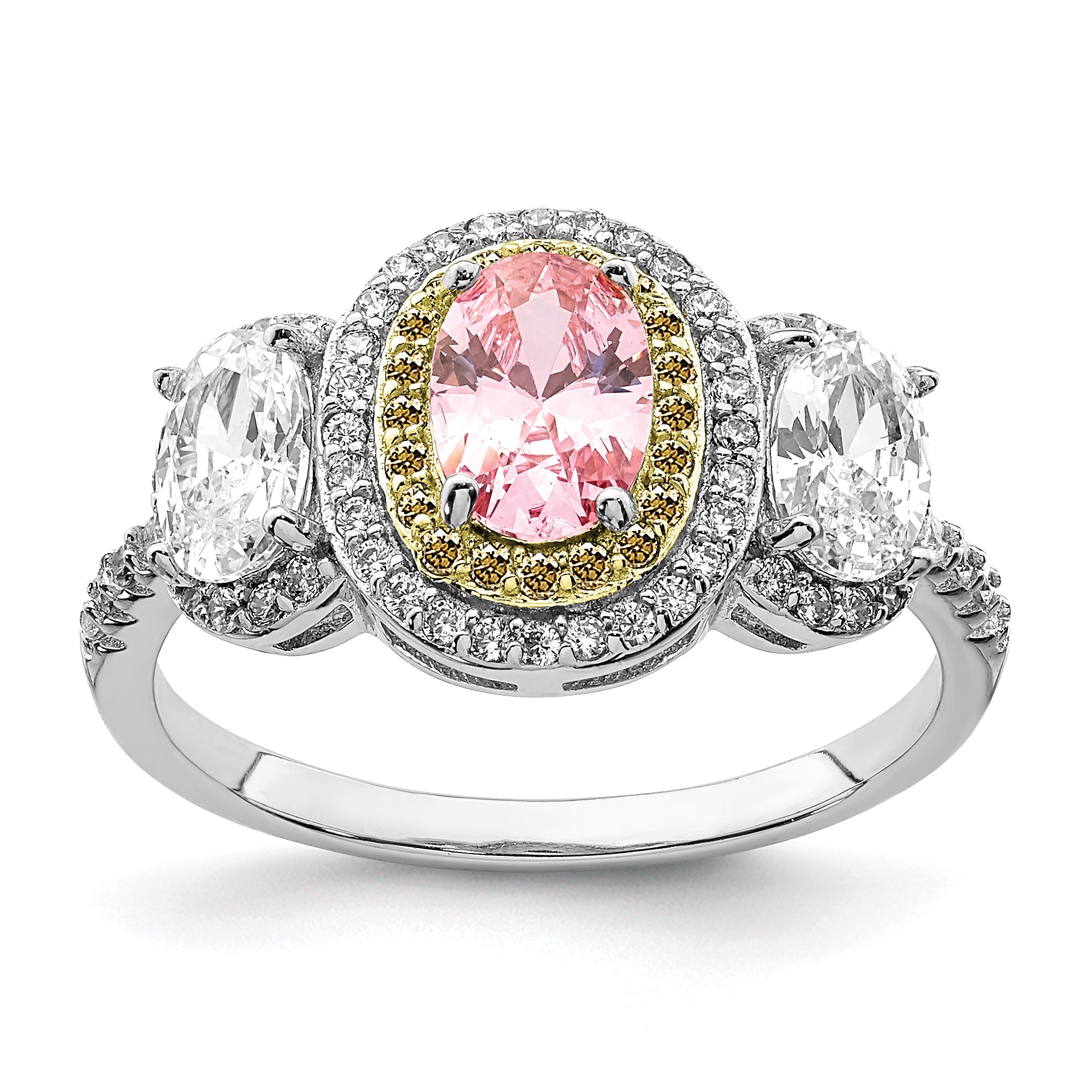 Sterling Silver Rhodium-plated Pink, White, & Yellow CZ Oval Cut Ring