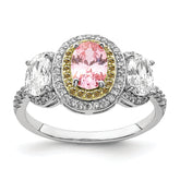 Sterling Silver Rhodium-plated Pink, White, & Yellow CZ Oval Cut Ring