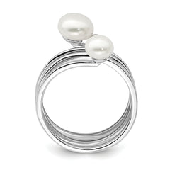 Sterling Silver Rhodium-plated 5-7mm White Button Freshwater Cultured Pearl and CZ Adjustable Ring