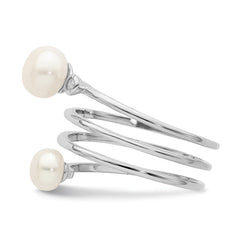 Sterling Silver Rhodium-plated 5-7mm White Button Freshwater Cultured Pearl and CZ Adjustable Ring