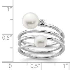 Sterling Silver Rhodium-plated 5-7mm White Button Freshwater Cultured Pearl and CZ Adjustable Ring