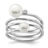 Sterling Silver Rhodium-plated 5-7mm White Button Freshwater Cultured Pearl and CZ Adjustable Ring