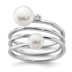 Sterling Silver Rhodium-plated 5-7mm White Button Freshwater Cultured Pearl and CZ Adjustable Ring