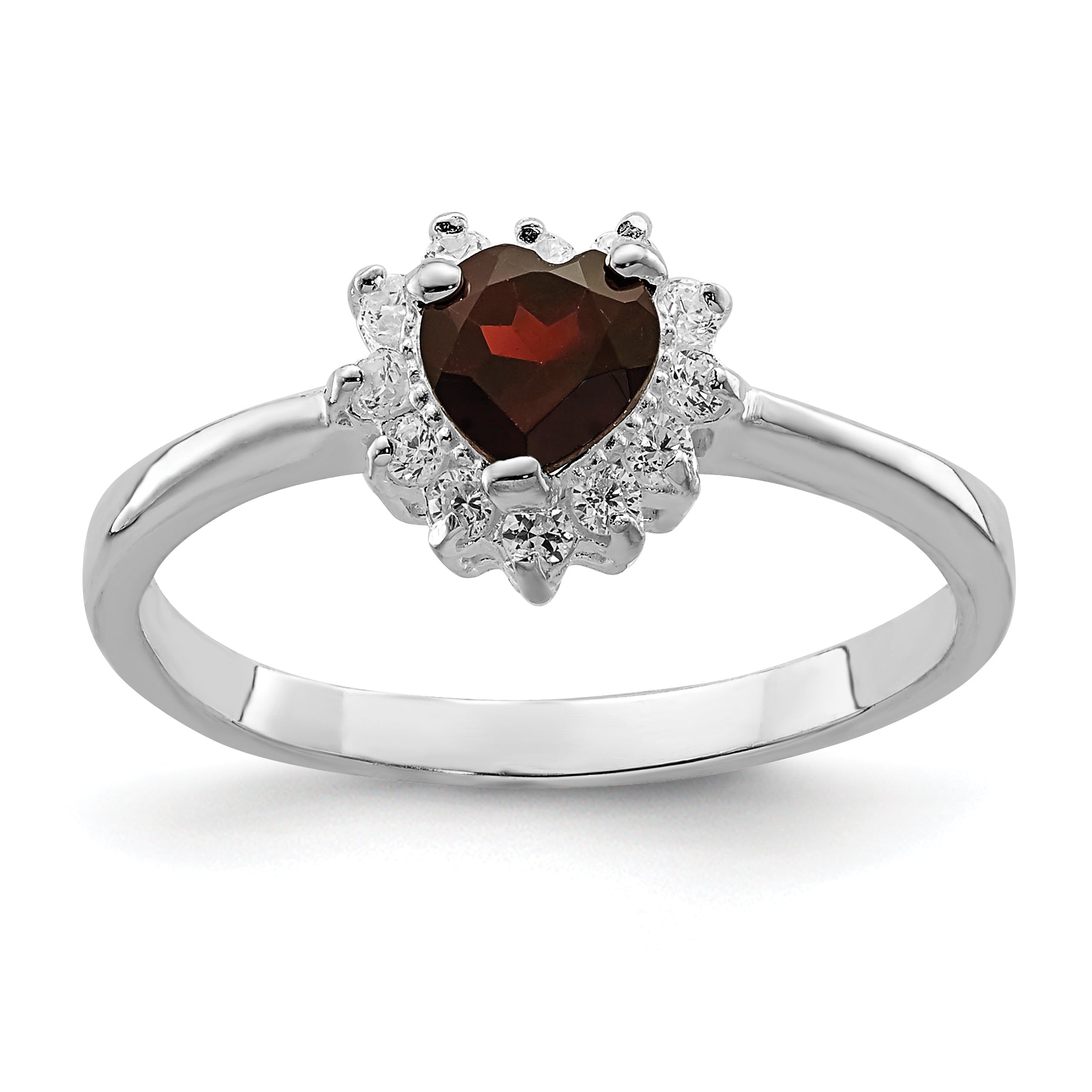 Sterling Silver Rhodium-plated Garnet & CZ Heart Ring