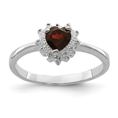 Sterling Silver Rhodium-plated Garnet & CZ Heart Ring