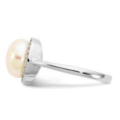 Sterling Silver Rhodium-plated 9-10mm Button White Freshwater Cultured Pearl and CZ Ring