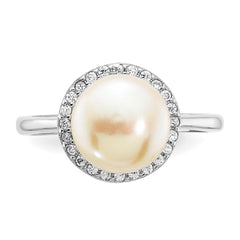 Sterling Silver Rhodium-plated 9-10mm Button White Freshwater Cultured Pearl and CZ Ring