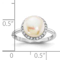 Sterling Silver Rhodium-plated 9-10mm Button White Freshwater Cultured Pearl and CZ Ring