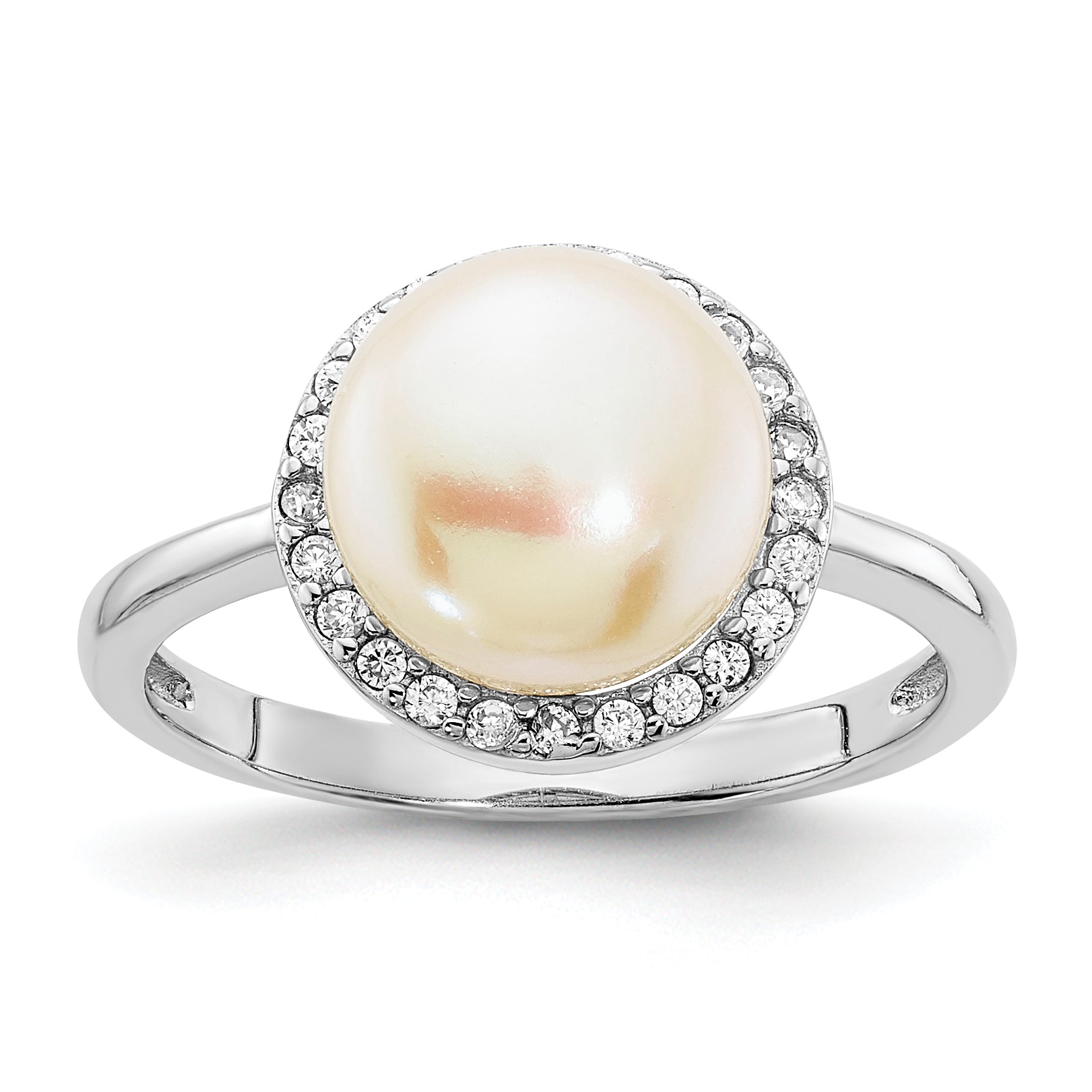 Sterling Silver Rhodium-plated 9-10mm Button White Freshwater Cultured Pearl and CZ Ring