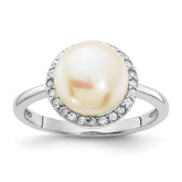 Sterling Silver Rhodium-plated 9-10mm Button White Freshwater Cultured Pearl and CZ Ring
