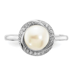 Sterling Silver Rhodium-plated 7-8mm Button White Freshwater Cultured Pearl and CZ Ring