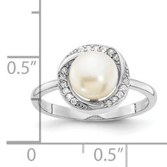 Sterling Silver Rhodium-plated 7-8mm Button White Freshwater Cultured Pearl and CZ Ring
