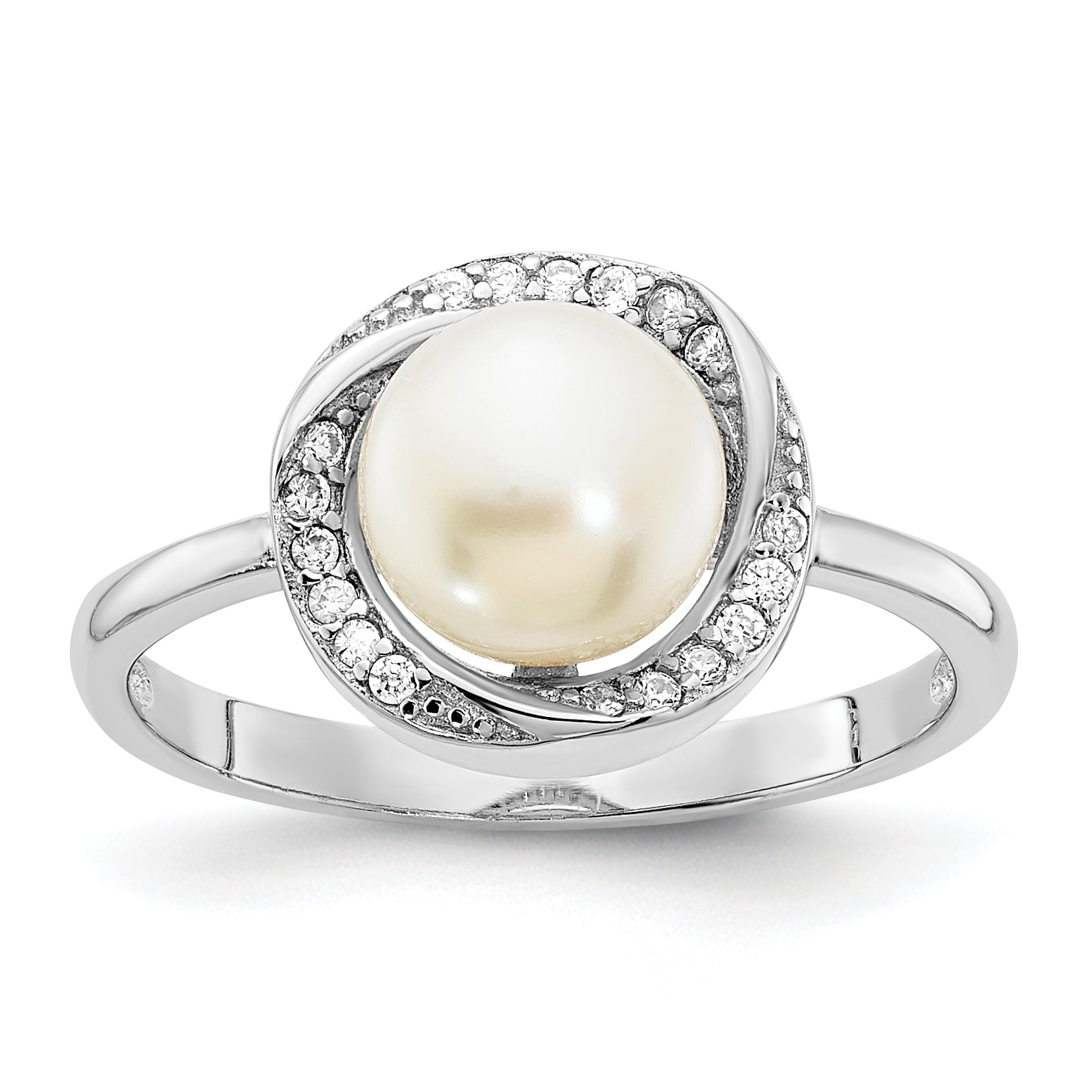 Sterling Silver Rhodium-plated 7-8mm Button White Freshwater Cultured Pearl and CZ Ring
