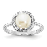 Sterling Silver Rhodium-plated 7-8mm Button White Freshwater Cultured Pearl and CZ Ring