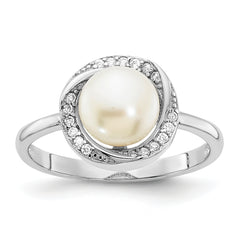 Sterling Silver Rhodium-plated 7-8mm Button White Freshwater Cultured Pearl and CZ Ring