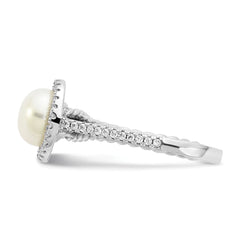 Sterling Silver Rhodium-plated 7-8mm Button White Freshwater Cultured Pearl and CZ Ring