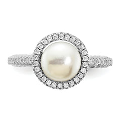 Sterling Silver Rhodium-plated 7-8mm Button White Freshwater Cultured Pearl and CZ Ring