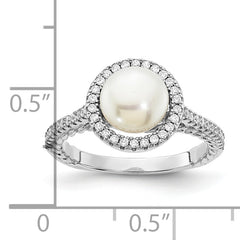 Sterling Silver Rhodium-plated 7-8mm Button White Freshwater Cultured Pearl and CZ Ring