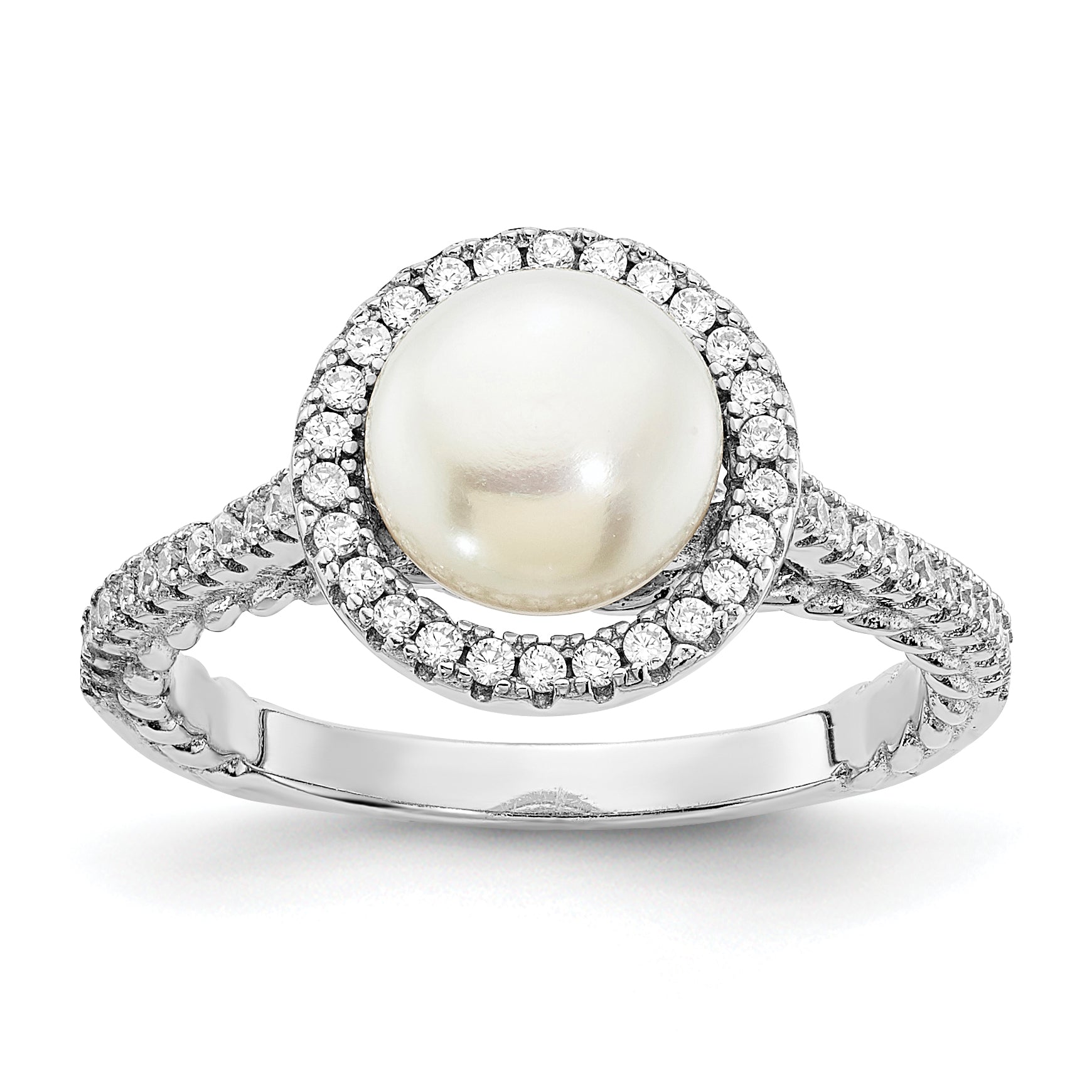 Sterling Silver Rhodium-plated 7-8mm Button White Freshwater Cultured Pearl and CZ Ring