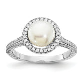 Sterling Silver Rhodium-plated 7-8mm Button White Freshwater Cultured Pearl and CZ Ring