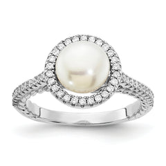 Sterling Silver Rhodium-plated 7-8mm Button White Freshwater Cultured Pearl and CZ Ring