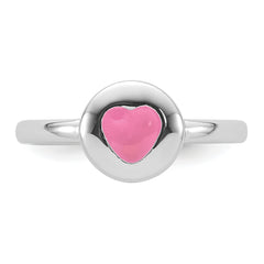 Sterling Silver Rhodium-plated Polished Pink Enamel Heart Children's Ring