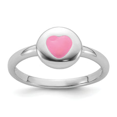 Sterling Silver Rhodium-plated Polished Pink Enamel Heart Children's Ring