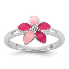 Sterling Silver RH-plated Pink Enameled & CZ Flower Children's Ring