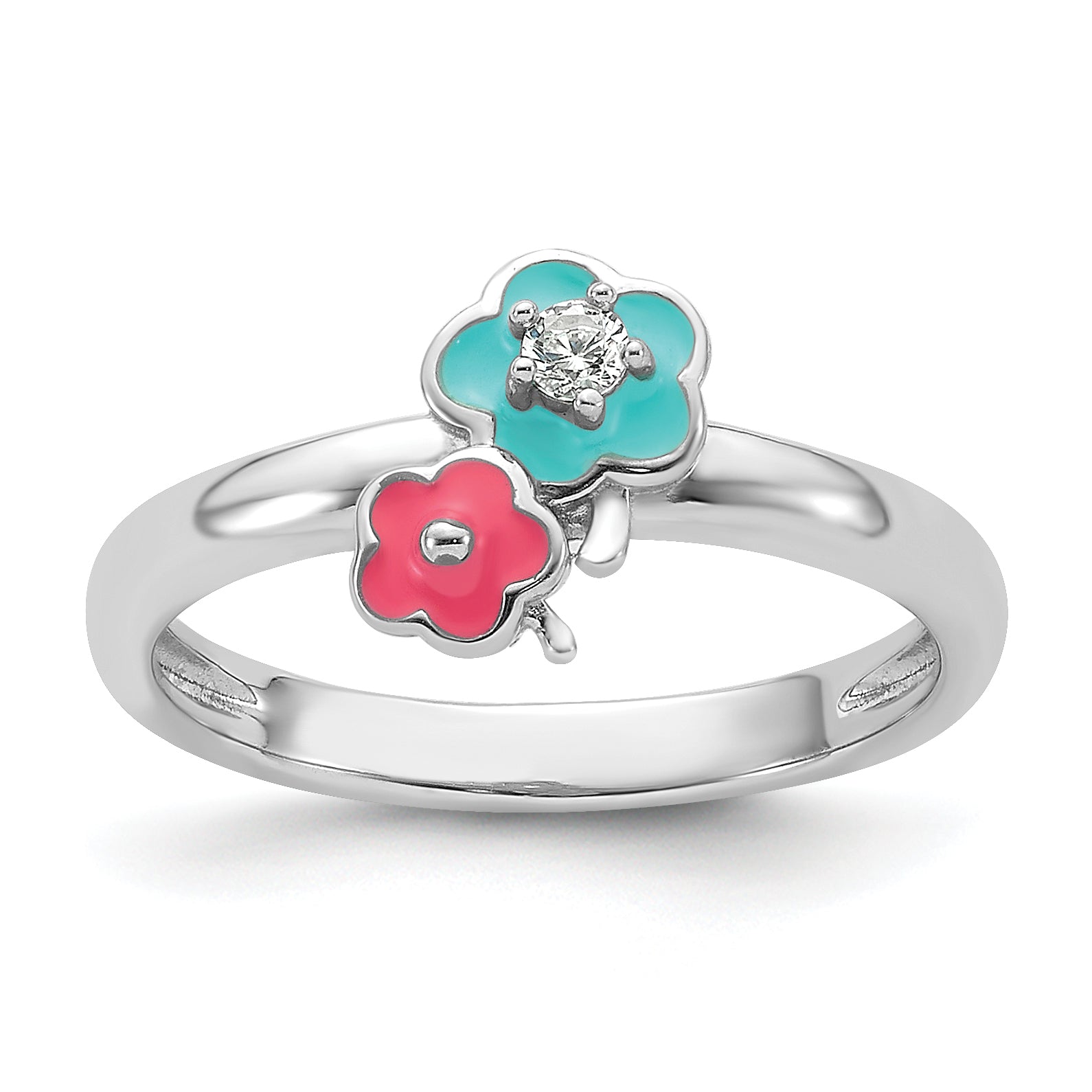Sterling Silver RH-plated Blue/Pink Enameled & CZ Floral Children's Ring