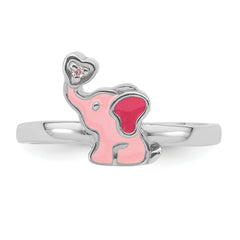 Sterling Silver Rhodium-plated Pink Enamel & CZ Elephant Children's Ring