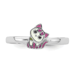 Sterling Silver Rhodium-plated Multi-color Enameled Cat Children's Ring