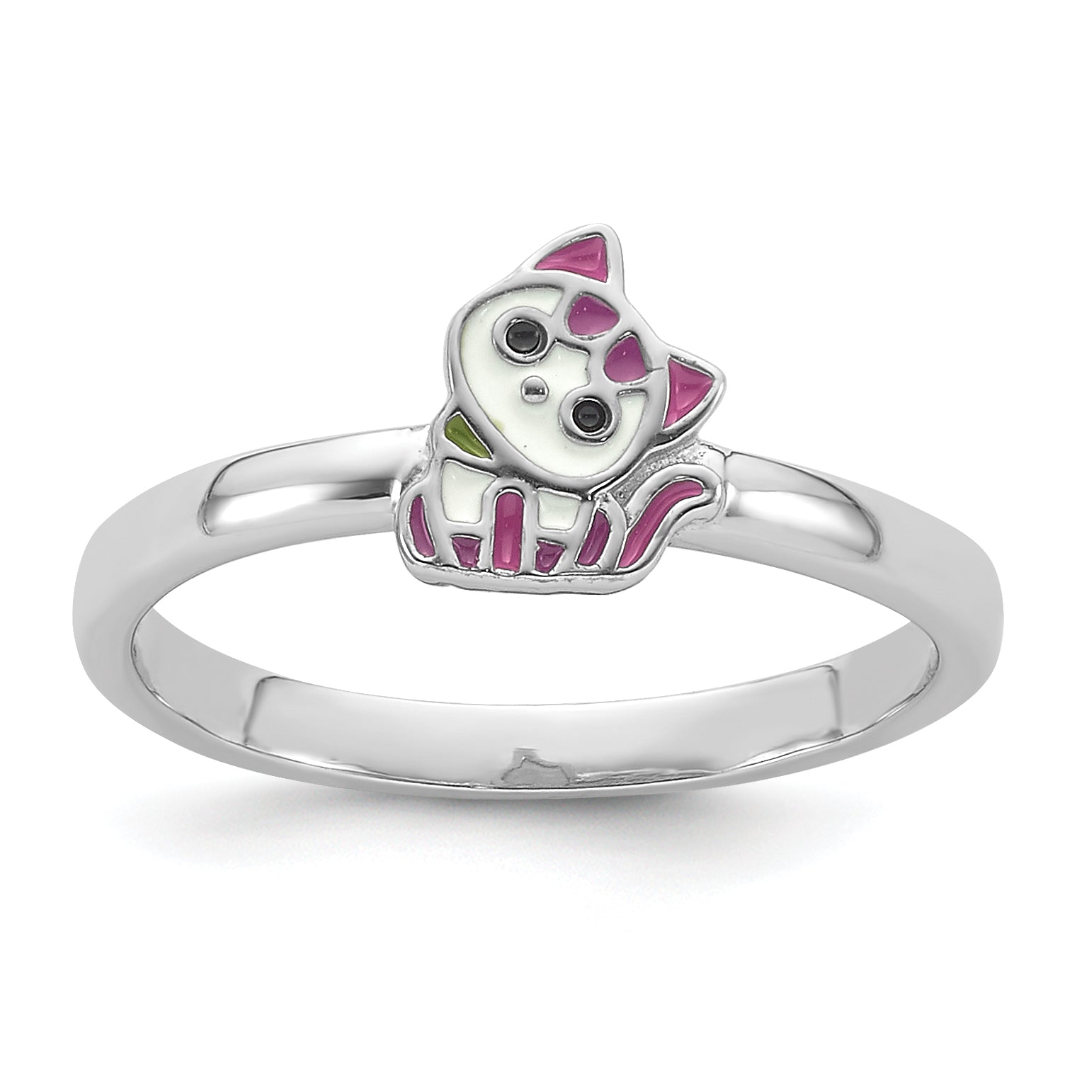 Sterling Silver Rhodium-plated Multi-color Enameled Cat Children's Ring