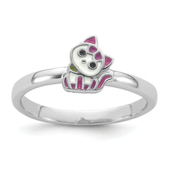Sterling Silver Rhodium-plated Multi-color Enameled Cat Children's Ring