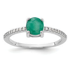 Sterling Silver Rh-plated-plated 1.0EM Emerald and .12WT White Topaz Ring