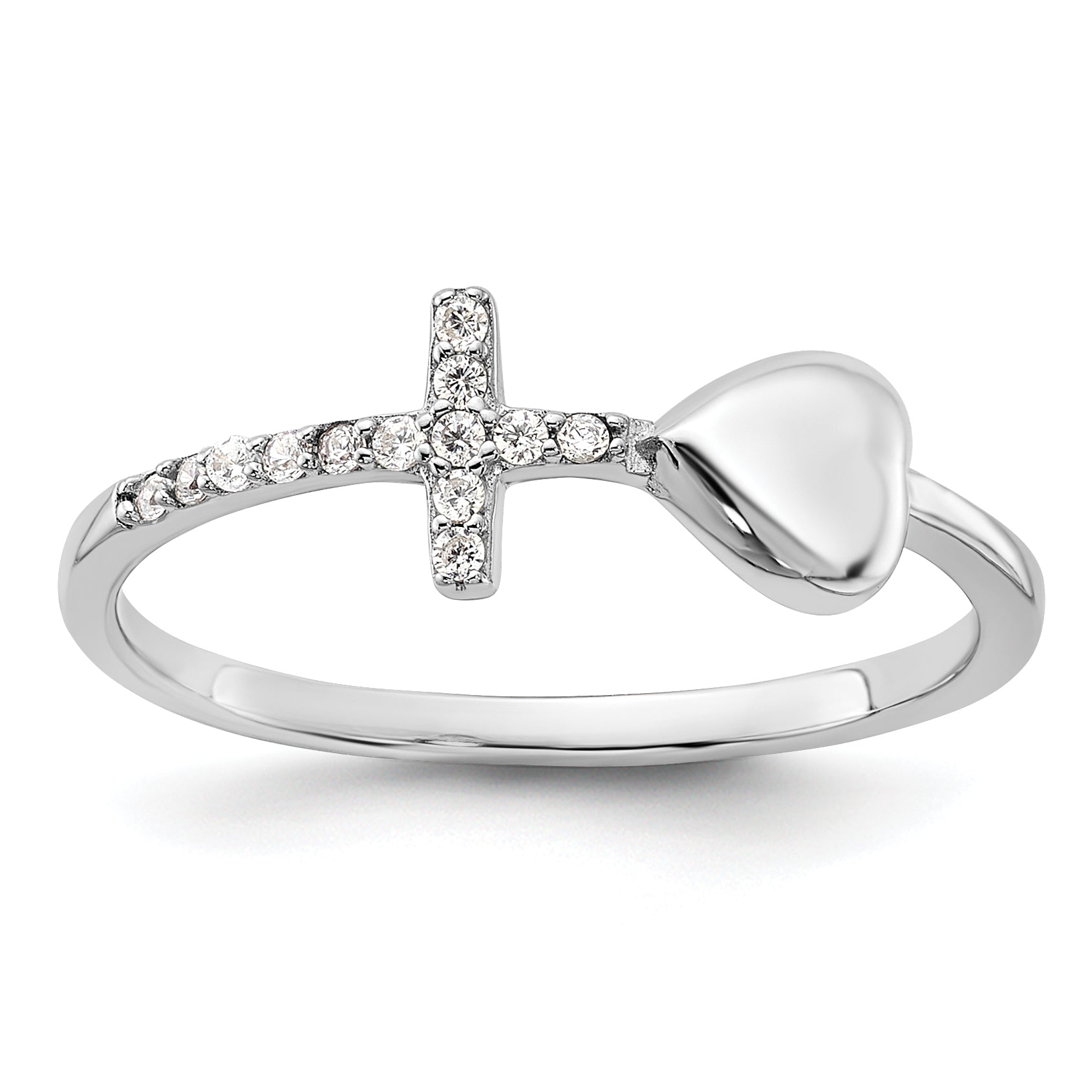 Sterling Silver Rhodium-plated Heart and CZ Cross Ring