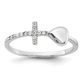 Sterling Silver Rhodium-plated Heart and CZ Cross Ring