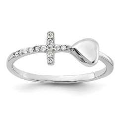 Sterling Silver Rhodium-plated Heart and CZ Cross Ring