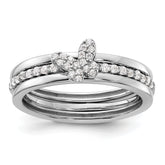 Sterling Silver RH-plated CZ Butterfly Ring with Two Plain Bands 3 Ring Set